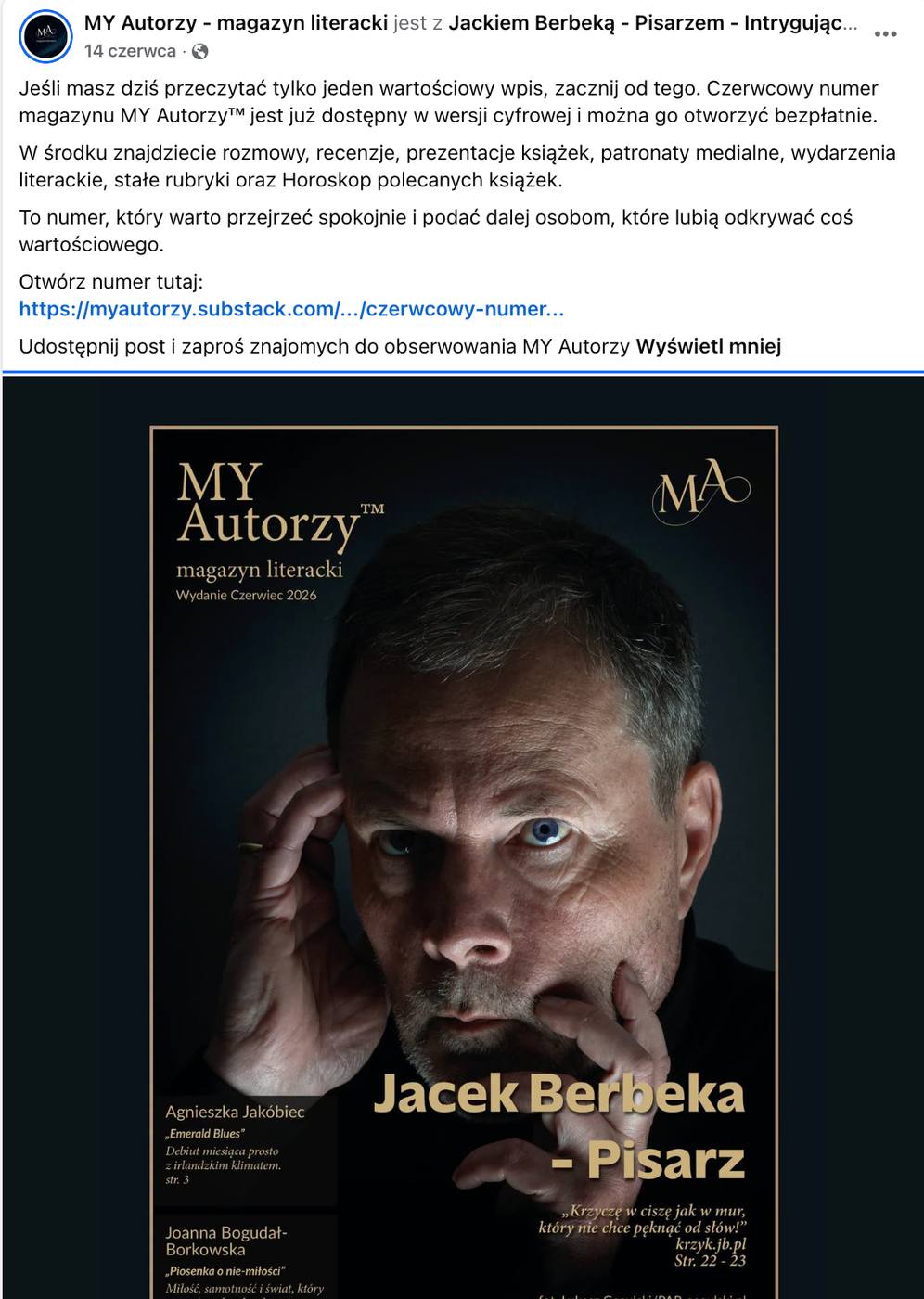 פרסום של כתב העת הספרותי My Autorzy עם Jacek Berbeka על השער